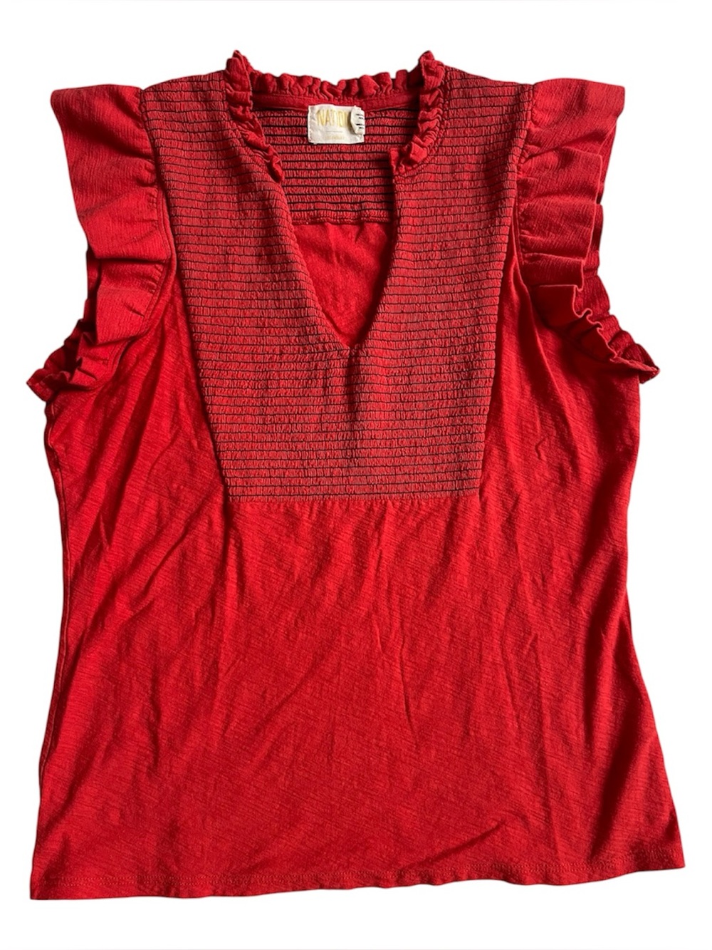 Nation LTD Red Smocked V-Neck Ruffle Sleeve Top